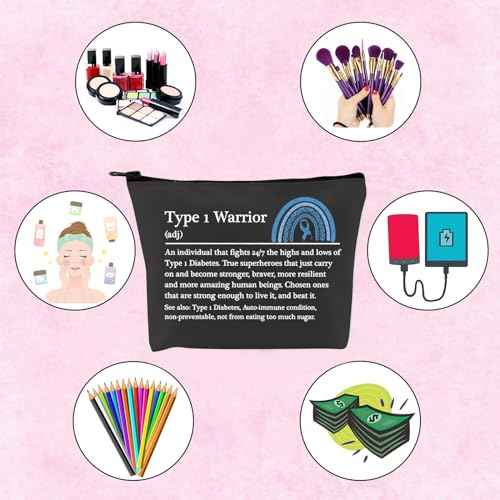 TSOTMO Diabetes Makeup Bag - Cosmetic Bag - Black - Travel, Makeup, Toiletry, Gift - Diabetes Warrior Supply Kit Gift (BLK- Type 1 Warrior)