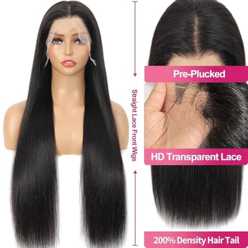 Synthetic Lace Front Wig, 13x6 Lace Frontal Wigs Human Hair Touch Pre-Plucked Long Straight Glueless 1B Black Wig 30 inch Vogue Highlight Technology-Premium Fiber & Human Hair Blended