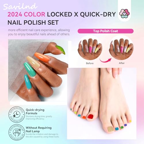 SAVILAND Nail Polish Set Air-Dry: 36 Colors Nail Polish Kit Red Pink Blue Glitter Regular Nails Polish with Base Top Coat Nail Lacquer Acrylic Nail Set for Beginner Home Salon DIY Gift Summer