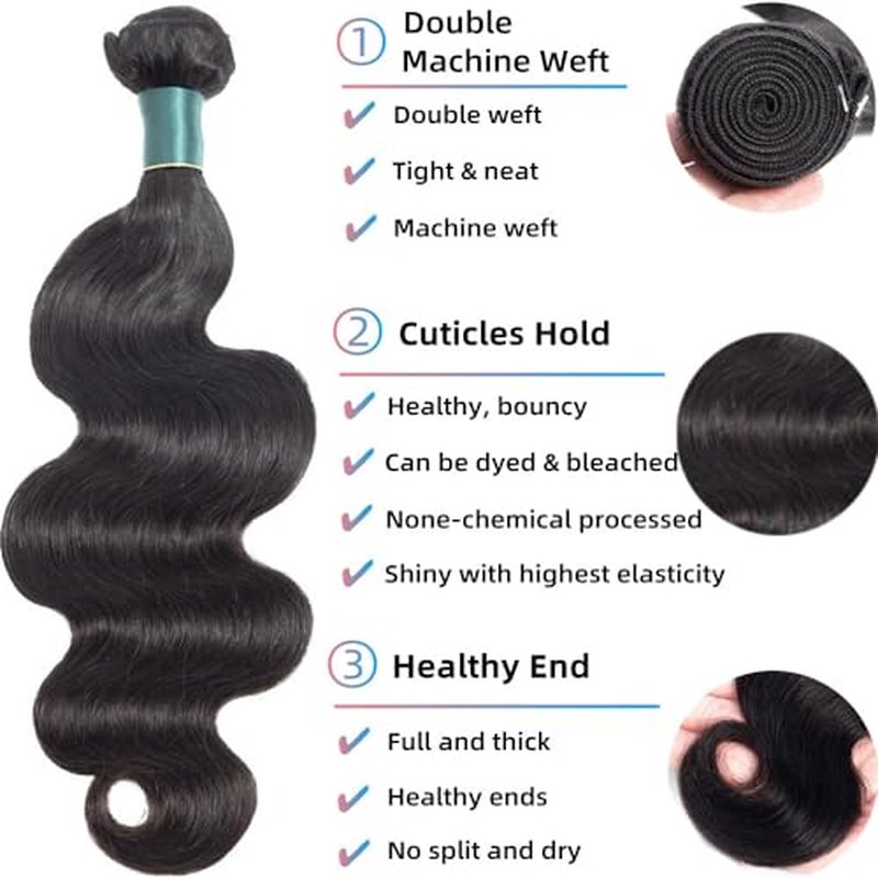Human Hair Bundles 12 14 16 Inch Body Wave Bundles Human Hair 12A 100% Unprocessed Brazilian Virgin Hair Weave 3 Bundles Natural Black (12 14 16, Body 3Bundles)