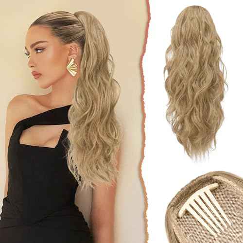 SOFEIYAN Drawstring Ponytail Extension 24 Inch Wavy Curly Clip on Hairpiece Comb Clip in Ponytail Extensions Layered Fluffy Thick Pony Tails Hair Extension Synthetic Hairpieces for Women-Blonde Mixed