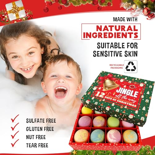 Christmas Bath Bombs for Kids with Surprise Toys Inside - Kids Advent Calendar Bathbombs - 12 Organic Bath Bombs Gift Set, Moisturizing Bubble Bath Fizzies, Stocking Stuffers Christmas Gifts for Kids