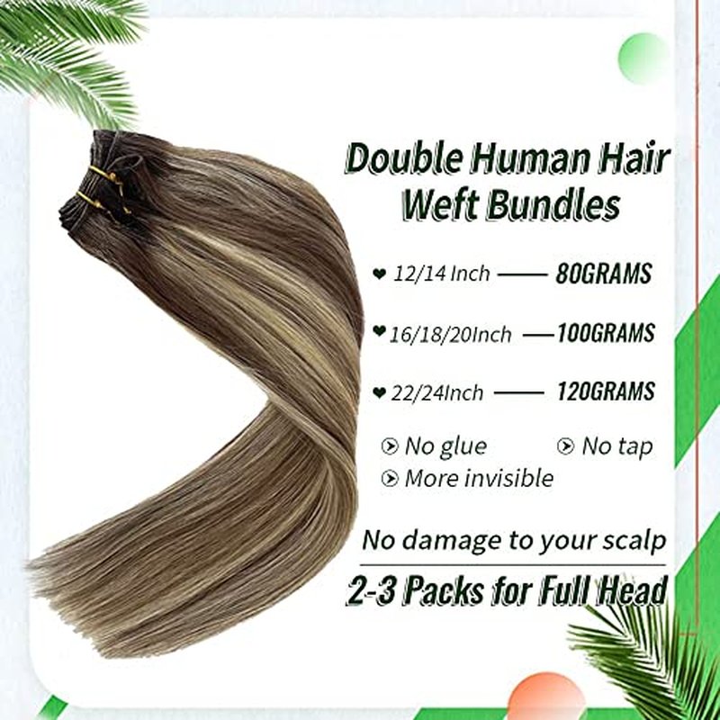 Weft Hair Extensions Human Hair, 16 inch 100g Ash Brown Highlighted Bleach Blonde Sew in Hair Extensions Real Human Hair Hand Tied Weft Hair Extensions Sew In Remy Hair Bundles Weave