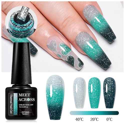 MEET ACROSS Glitter Thermal Gel Nail Polish Gel Temperature Color Changing Gel Polish Soak Off UV Gel Nail Polish Nail Art Varnish For Home Salon Manicure DIY 12 PCS/BOX