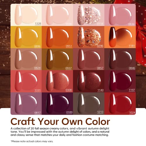 modelones 24 PCS Gel Nail Polish Kit, 20 Colors Fall Pink Brown Nude Orange Gel Polish Set with Glitter, Glossy and Matte Top Base Coat Home DIY Manicure Nail Art Design Gifts