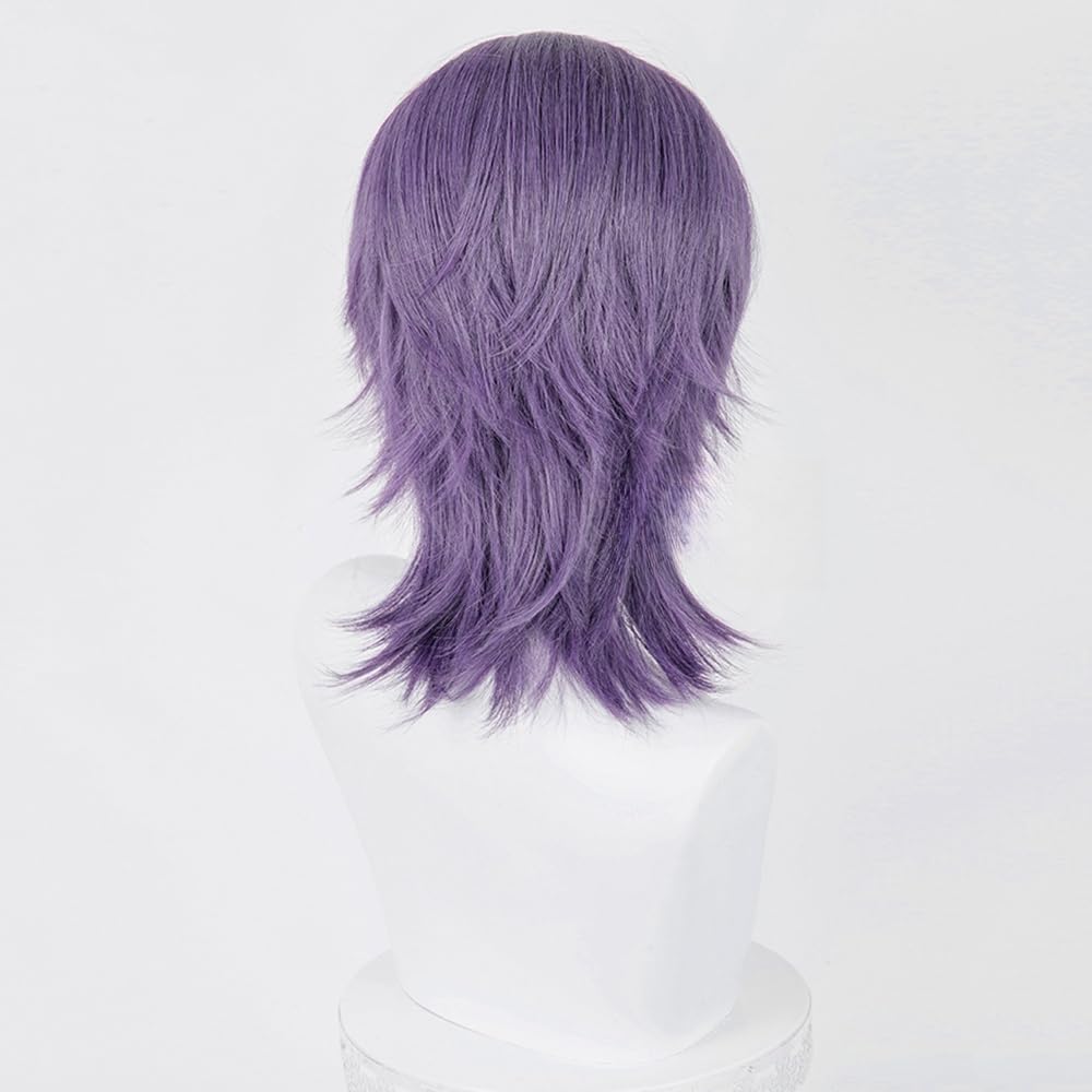 huafan luxkazya Mens Purple Grey Cosplay Wigs Male Short Wolf Cut Layered Mullet Wig Realistic Anime Costume Wigs Heat Resistant Synthetic Wig for Halloween Party