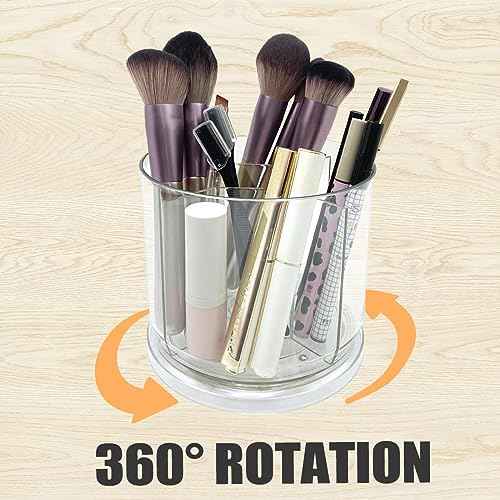 Makeup Brush Holder 360 Rotating Makeup Brushes Organizer for Vanity, 5 Slots Makeup Organizers & Storage, Multi-Functional Pencil Pen Holder for Desk, Cosmetic Storage Container Cup (Clear)