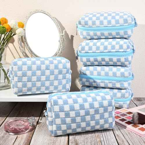 SOIDRAM Checkered Makeup Bag Preppy Cosmetic Bag Bulk Blue Makeup Pouch Personalize Travel Toiletry Bag Organizer Cute DIY Makeup Brushes Storage Bag for Women