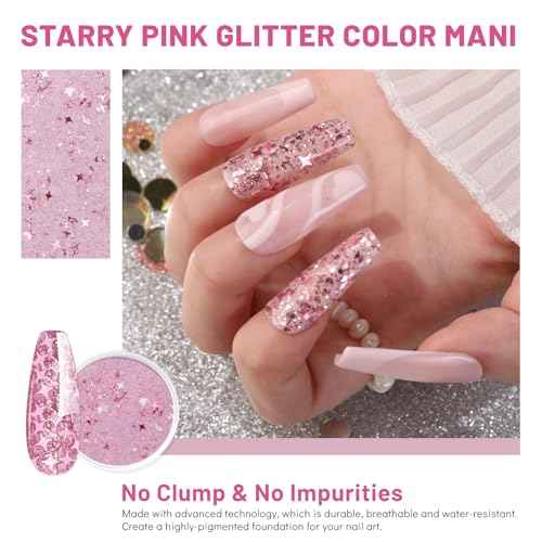 Aokitec Starry Pink Glitter Colors Dip Powder, 1OZ Glitter Pink Dip Powder for French Manicure Nail Starter & Professional Home DIY Salon Use Shinny Dip Nails Long-lasting 28 Days