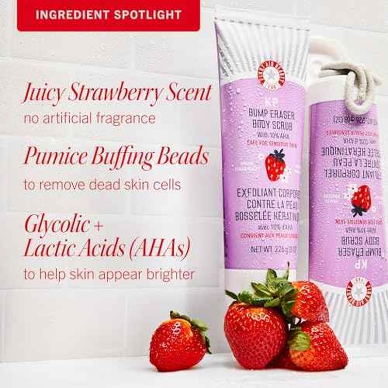 First Aid Beauty - KP Bump Eraser Body Scrub with 10% AHA, Keratosis Pilaris Exfoliator with Glycolic and Lactic acids, Helps Reduce Chicken Skin Bumps, Safe for Sensitive Skin, Strawberry Scent, 2 oz