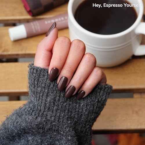 Heyhae Semi Cured Gel Nail Strips | No LED Lamp Needed | Fall, Solid, Brown | Easy Apply & Remove, Salon Quality | Includes 28 Strips, 1 Prep Pads, Nail File & Wooden stick - Hey, Espresso Yourself