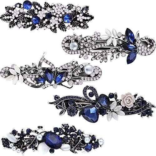 5 Pieces Crystal Rhinestones Hair Barrettes Large Flower Butterfly Pearl French Vintage Clip Wedding Navy Hair Jewelry for Thick long Hair for Women(Exquisite Style)