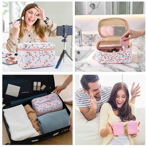 MAANGE Travel Makeup Bag, Cosmetic Bag, Portable Large Capacity Makeup Case, Make Up Organizer For Women, Oxford Cloth Toiletry Bag With Handle (Pink Plants)