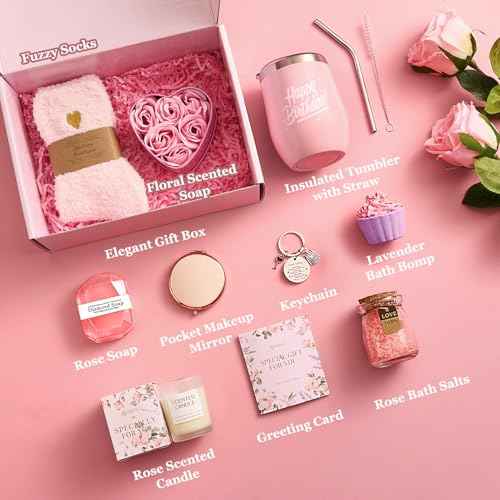 Briney 11Pcs Birthday Gift Baskets for Women, Pink Gift Basket Set, Birthday Themed Present Self Care Spa Bath Set Get Well Soon Package for Mom Wife Sister Friend, Pink