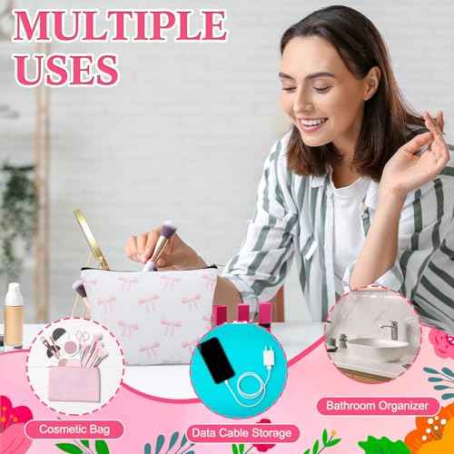 18 Pcs Pink Bow Glass Cups with Lids Coquette Bow Cosmetic Makeup Bag Pink Hair Scrunchies Ties for Women Birthday Wedding Gift Bridesmaid Bridal Valentines Christmas