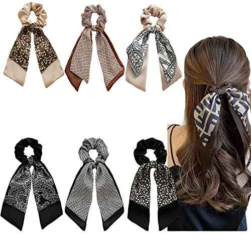 Bandana Hair Scrunchies with Ribbon Bow Scarf Scrunchies for Women, Elegant Floral Hair Ties Plaid Scarf Scrunchies (6 PCS Double Layer)