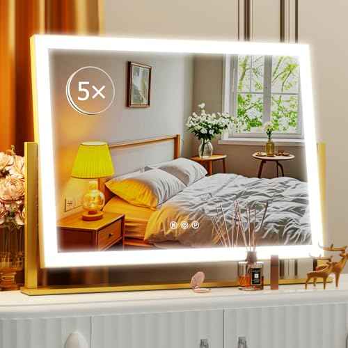 Lighted Makeup Mirror, 17.3"x13" Hollywood Vanity Mirror with Lights, Three Color Lighting Modes, and 5X Magnification Mirror, Smart Touch Control, 360¡ÆRotation (Gold, Gift Box)