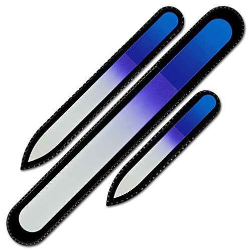Glass Nail File - Mont Bleu Premium Set of 3 Crystal Nail Files in Pouch - Handmade Gifts - Best Glass Nail Files for Natural Nails - Washable Double Sided Nail File - Etched Nail Files