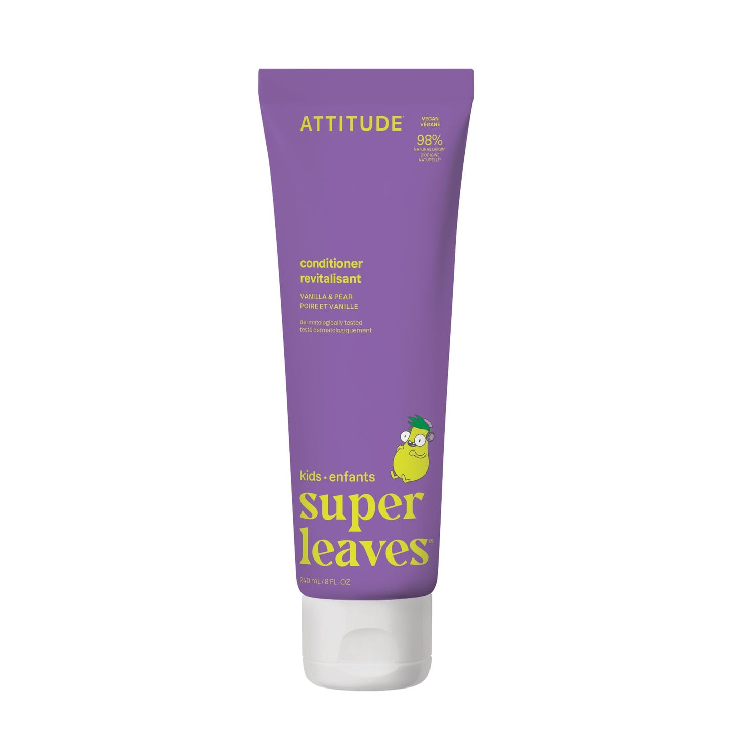 ATTITUDE Natural Conditioner for Kids, Hypoallergenic, Vegan, Plant- and Mineral-Based, Vegan and Cruelty-free, Vanilla and Pear, 8 Fl Oz (11115)