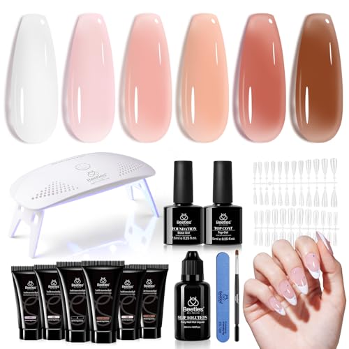 Beetles Poly Nail Gel Kit - 6 Colors Jelly Nude Extension Kit with Slip Solution Builder Nail Enhancement for Beginner & Professional Long Lasting DIY Home Christmas Gift for Women, UV & LED Needed