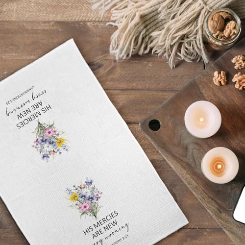 Christian Religious Gifts for Women, Christian Floral Kitchen Towels, Religious Scripture Bible Verse Kitchen Tea Towels Decorative Set, Lamentations 3 23 Bible Scripture Hand Dish Towels16x24in