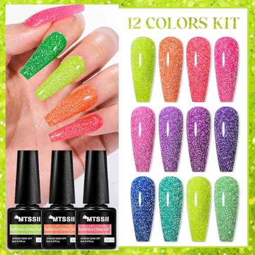 MTSSII Reflective Glitter Neon Gel Nail Polish Set, 12 Colors Gel Nail Polish Set Nails Gel Blue Hot Pink Purple Green Soak Off Uv Led Gel Nail Polish Kit Nail Gift for Her