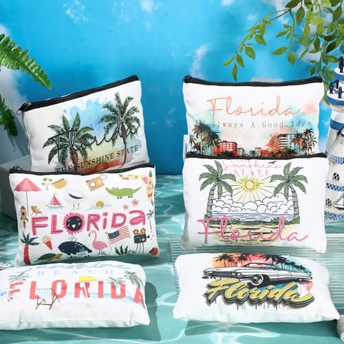 Landical 6 Sets Florida Souvenir Gifts Include 6 Pcs Florida Cosmetic Bag and 6 Pcs Metal Keychain for Women Traveler Christmas Party Gifts
