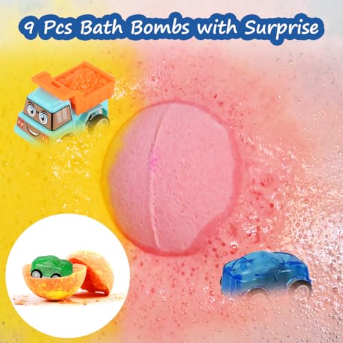 Bath Bombs for Kids with Toys Inside, 9 Pack Handmde Bath Bombs Set with Pull-Back Cars Inside, Rich Foam Color Bubble Set Boys Girls for Skin Moisturizing