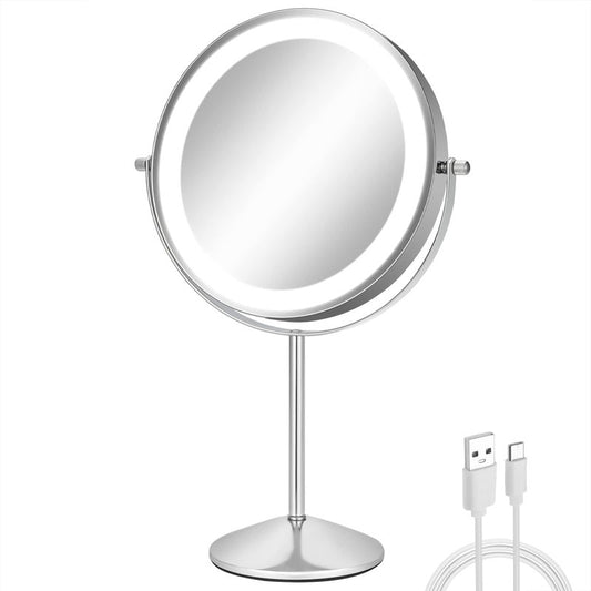 FFowcye 8" Makeup Mirror with Lights, 1X/10X Lighted Vanity Mirror with Magnification, 3 Color Adjustable Brightness, 360° Rotating Dual-Side, USB Rechargeable Cordless Design for Vanity & Tabletop