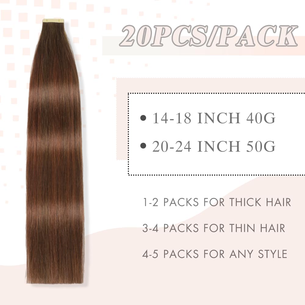 Tape in Hair Extensions Human Hair Chestnut Brown Mixed Dark Auburn Remy Hair Extensions 20pcs 14 Inch Straight Invisible Human Hair Tape in Extensions Skin Weft Tape Extensions (4/4/33#,14 Inch)