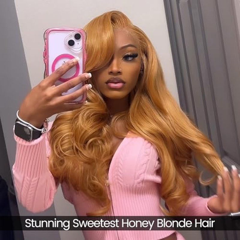 ALHER Color #27 Honey Blonde Long Deep Part 2x6 Lace Closure 16 Inch, Warm Brown Golden Blonde 2x6 Kim K HD Lace Closure Middle Part Pre Plucked With Baby Hair, 12A 100% Virgin Remy Human Hair Closure