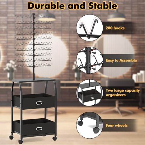 Portable Braiding Hair Rack with Wheels & Storage Drawers,280 Pegs Hair Extension Holder Hanger for Braiding Hair Separator Stand Display,Hair Rack with Stylist Hair braiding Tools(Black)