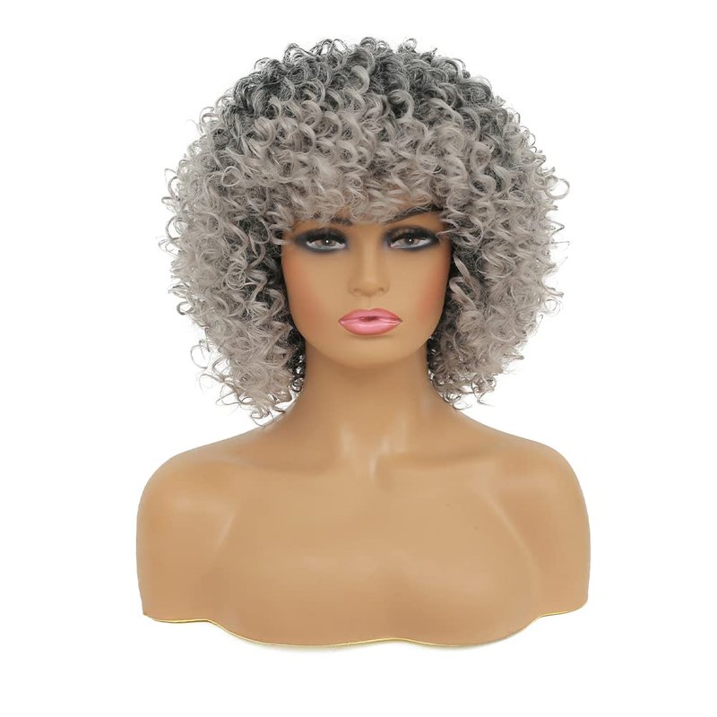 Kaneles Short Grey Kinky Afro Wig for Black Women Synthetic Mixed Gray Wigs with Bangs Hair Shoulder Length Kinky Afro Curly Wig for Daily