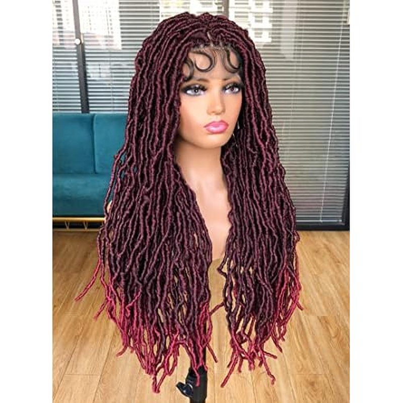 Annivia 32Inch Full Double Lace Box Braided Wigs for Black Women Faux Locs Square Knotless Wigs with Baby Hair Long Dreadlock Wig Natural Black Hand-braided Synthetic Twist Lace locs Wig Ombre Red