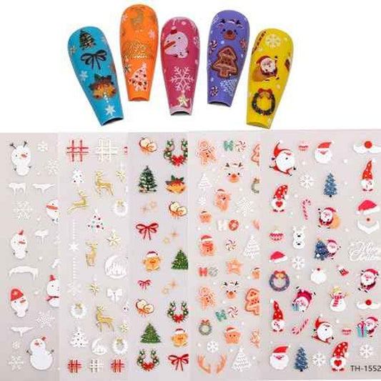 Christmas Nail Art Stickers, 3D Self-Adhesive Decals with Snowman, Snowflake, Elk, Santa Design for Gel Nails, 5 Pieces (Christmas)