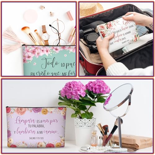 Kacctyen 18 Pcs Spanish Bible Christian Women's Religious Gift Christmas Gifts Cosmetic Bags Inspirational Bible Verse Pencil Pouch Motivational Makeup Bag with Zipper for Travel (Fresh)
