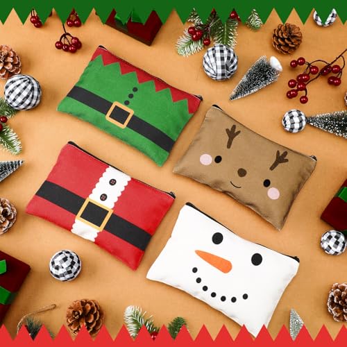 Reginary 4 Pieces Christmas Makeup Bags Bulk Christmas Gifts Cosmetic Bags with Zipper Xmas Portable Canvas Pouch Pen Pencil Pouch for Women Holiday Travel Xmas Party Gifts Supply