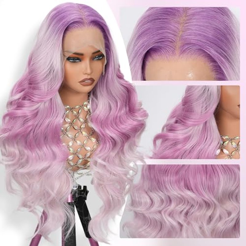 Pink and Purple Ombre Lace Front Wig, 13x6 Glueless Body Wave Human Hair Wig with HD Transparent Lace, Pre Plucked & Baby Hair