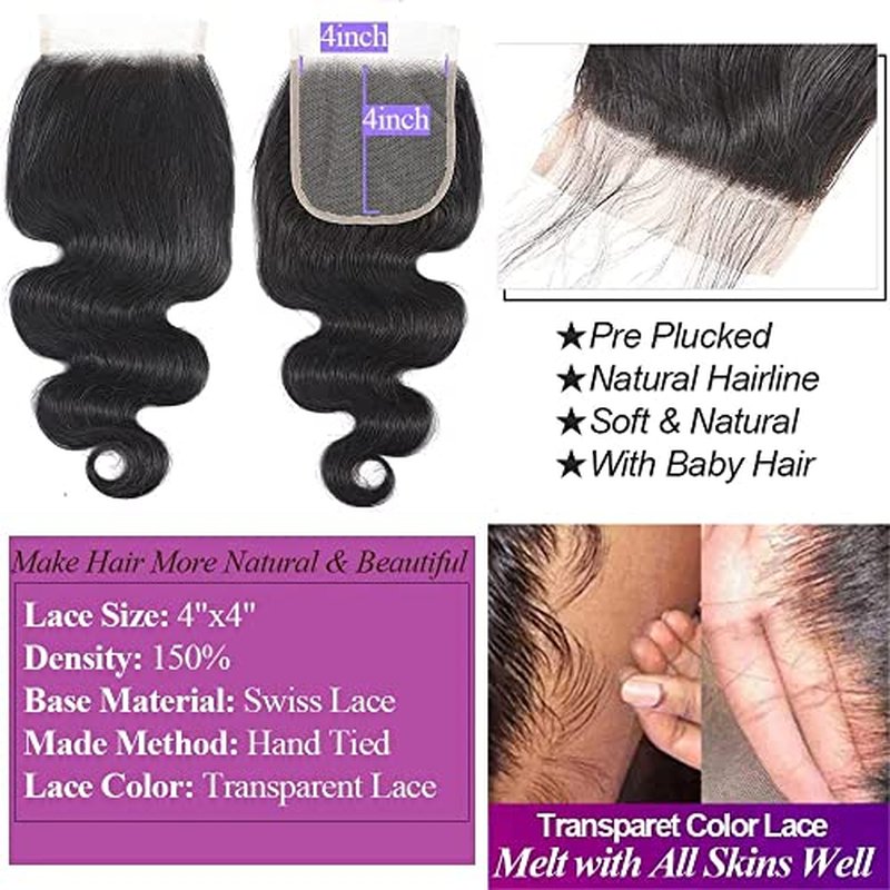 Hair 12A Brazilian Body Wave Bundles with Closure (10 12 14+10,Free Part) 100% Unprocessed Brazilian Virgin Human Hair Body Wave Bundles with Closure Natural Black Color