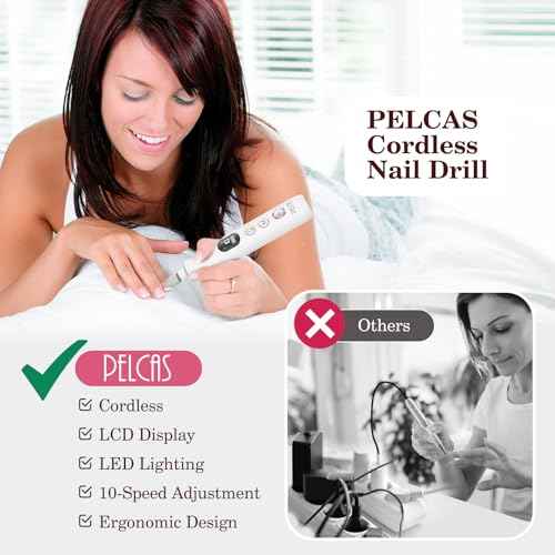 PELCAS Electric Nail File, 10 Speeds Cordless Nail Drill with LED Light, Portable Manicure and Pedicure Kit, Nail Grinder with LCD Screen for Human, Pet, Thick Toenails, Natural & Acrylic Nails