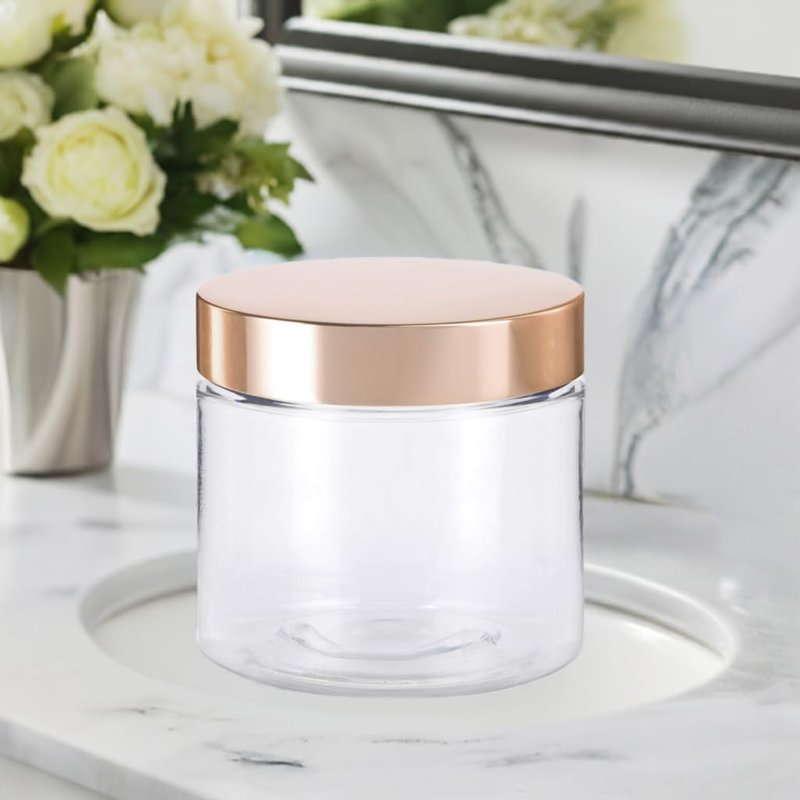 Clear PET Plastic Jars - 8 oz Refillable Storage with Luxury Gold Metal Lid | 6 Pack