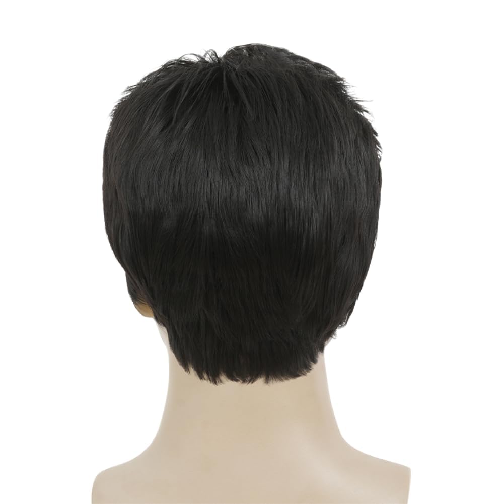 Men's Short Black Wig - Layered Straight Fluffy Hair for Daily Cosplay | Comfortable Fit