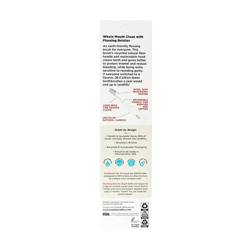 RADIUS Toothbrush Source Floss Brush BPA Free & ADA Accepted Improve Gum Health & Reduce Gum Issues - Medium - Cornstarch/Hemp/Money - Pack of 3