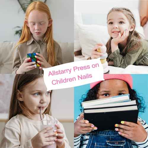 Allstarry 6 pack Children Nails Press on Pre-glue Full Cover Glitter Rainbow Flower Star Short False Nail Kits Lovely Gift for Children Little Girls Nail Art Decoration - Dreamy Rainbow
