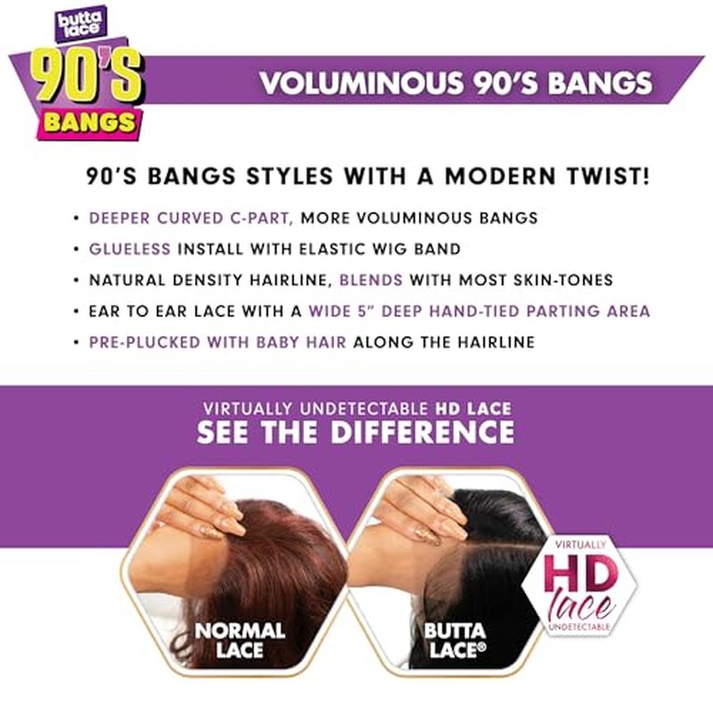 Sensationnel Butta Lace 90Sbangs Wigs - Unit 911 Glueless Wide Deep Part Synthetic Preplucked Hairline (1B OFFBLACK)