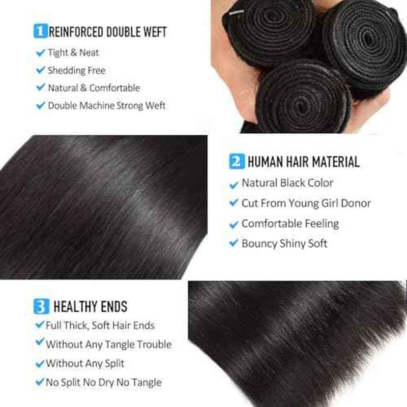 Straight Bundles Human Hair Brazilian Virgin Human Hair Bundles 16 16 16 Inch 100% Unprocessed Straight Hair Double Weft Deals Human Hair Extensions Natural Black
