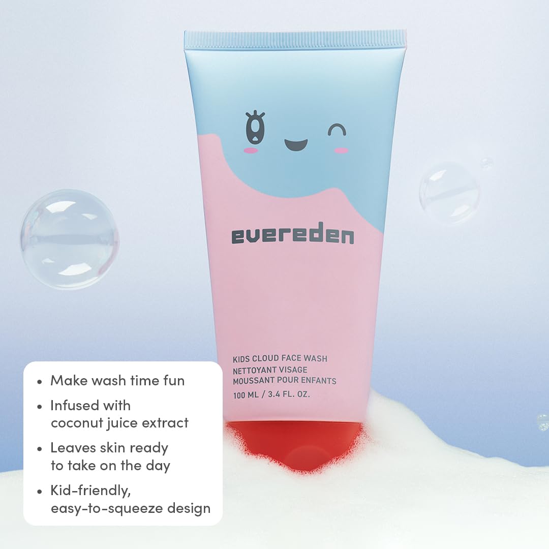 Evereden Kids Cloud Face Wash: Tropical Sorbet, 3.4 fl oz & Kids Face Cream: Cool Peach, 1.7 oz. | Creamy & Fun Skin Care for Toddlers | Easy-to-Use Face Wash & Cream | Non-toxic and Safe Skin Care