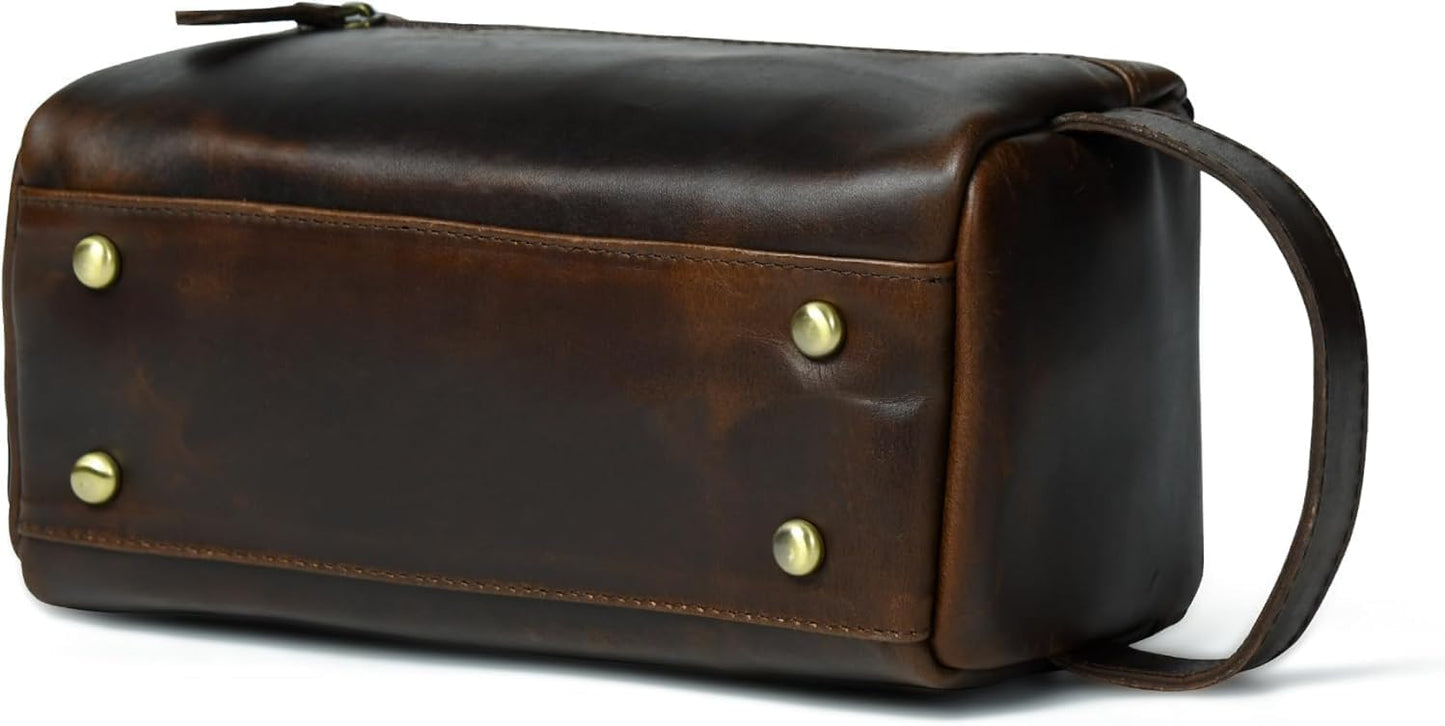 Leather Toiletry Bag for Men - Handmade Travel Kit with Durable Waxed Canvas Lining | Small Brown Shaving Organizer