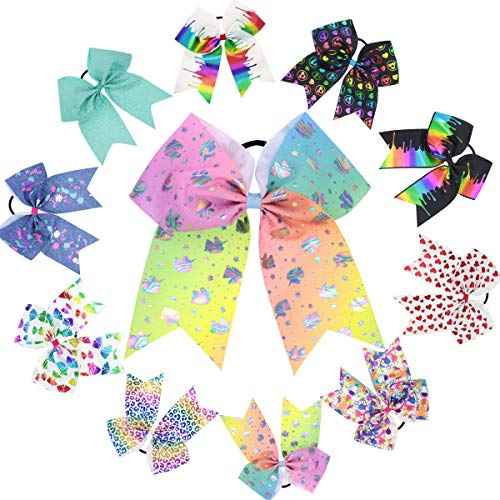 DeD 10 Pcs Elastic Bow 7" Large Hair bows Boutique Rainbow Golden-plating Grosgrain Ribbon Pigtail Holder For School Girls Teens Cheerleader