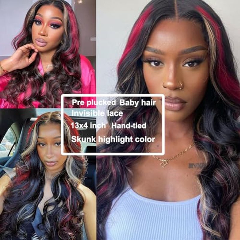 Highlight Red Skunk Stripe Blonde Synthetic Lace Front Wig Glueless Long Wavy Colored Mixed Red Black 13x4 Lace Front Wigs for Women Pre Plucked with Baby Hair 24 Inches 150 Density